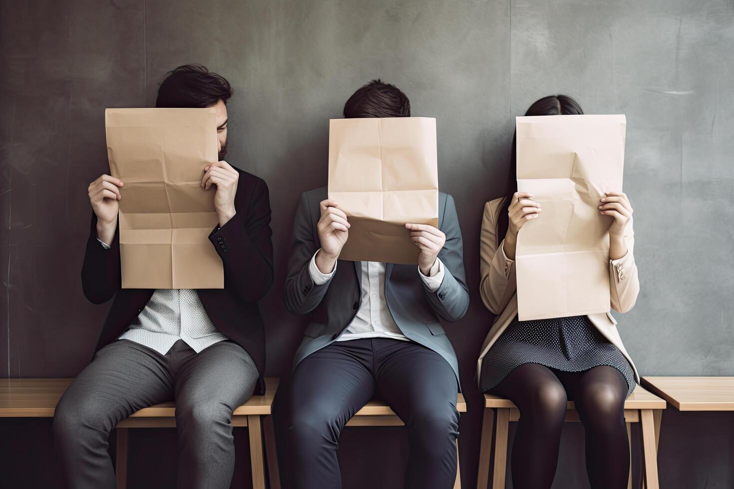 Group of business people sitting on chairs in office and looking at the camera, Young people hiding their faces behind resume paper, AI Generated photo