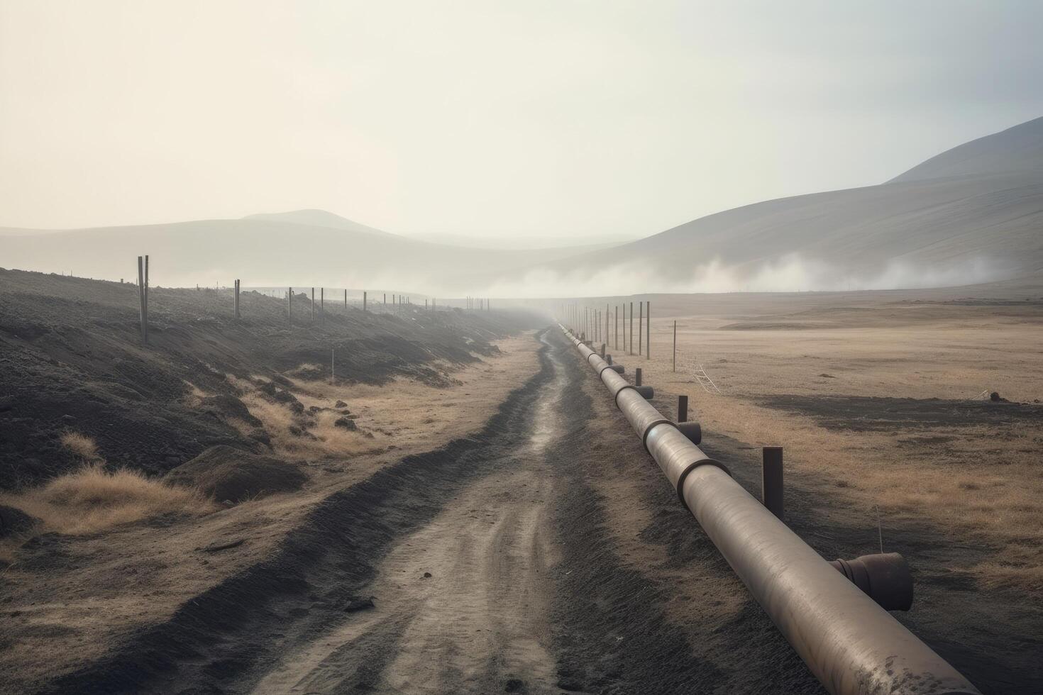 Pipeline on a foggy and foggy landscape in Iceland, The geothermal energy industry pipeline, AI Generated photo