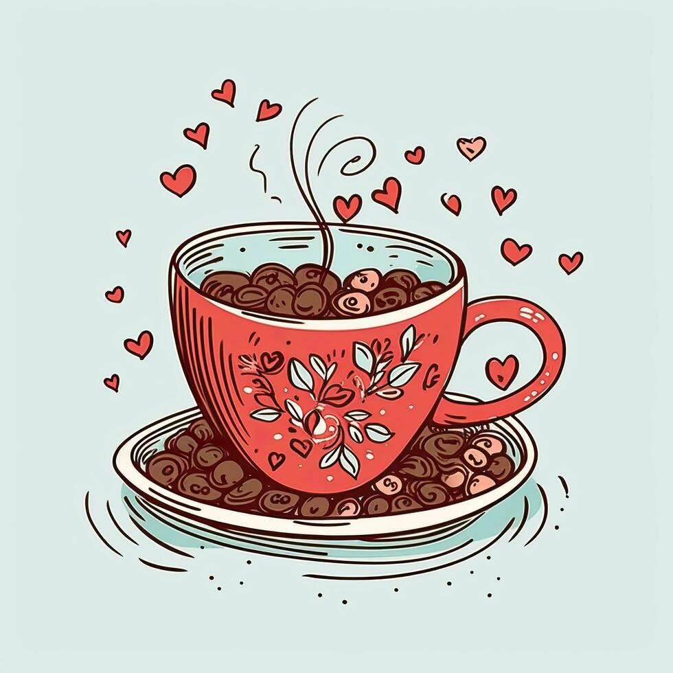 Cup of coffee with heart. illustration in hand drawn style. Coffee Valentines Day clipart, AI Generated photo