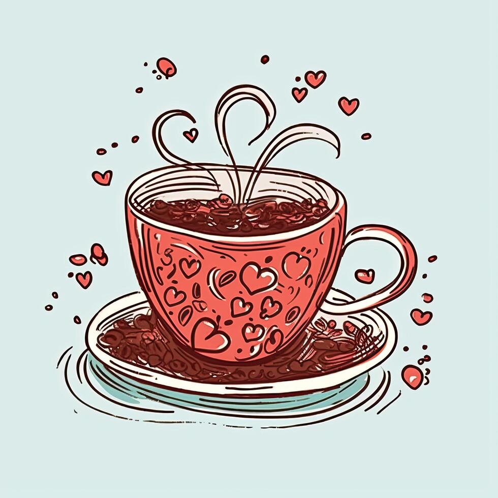 Cup of tea with hearts. Hand drawn illustration.  Coffee Valentines Day clipart, AI Generated photo