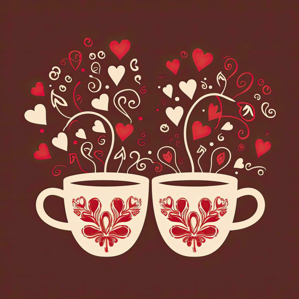 Two cups of coffee with hearts on red background.  Coffee Valentines Day clipart, AI Generated photo