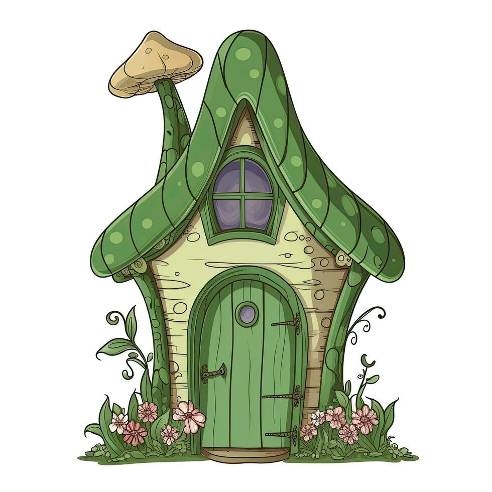 ilustración de un verde hada casa en el jardín. ilustración. verde hada casa clipart, ai generado foto