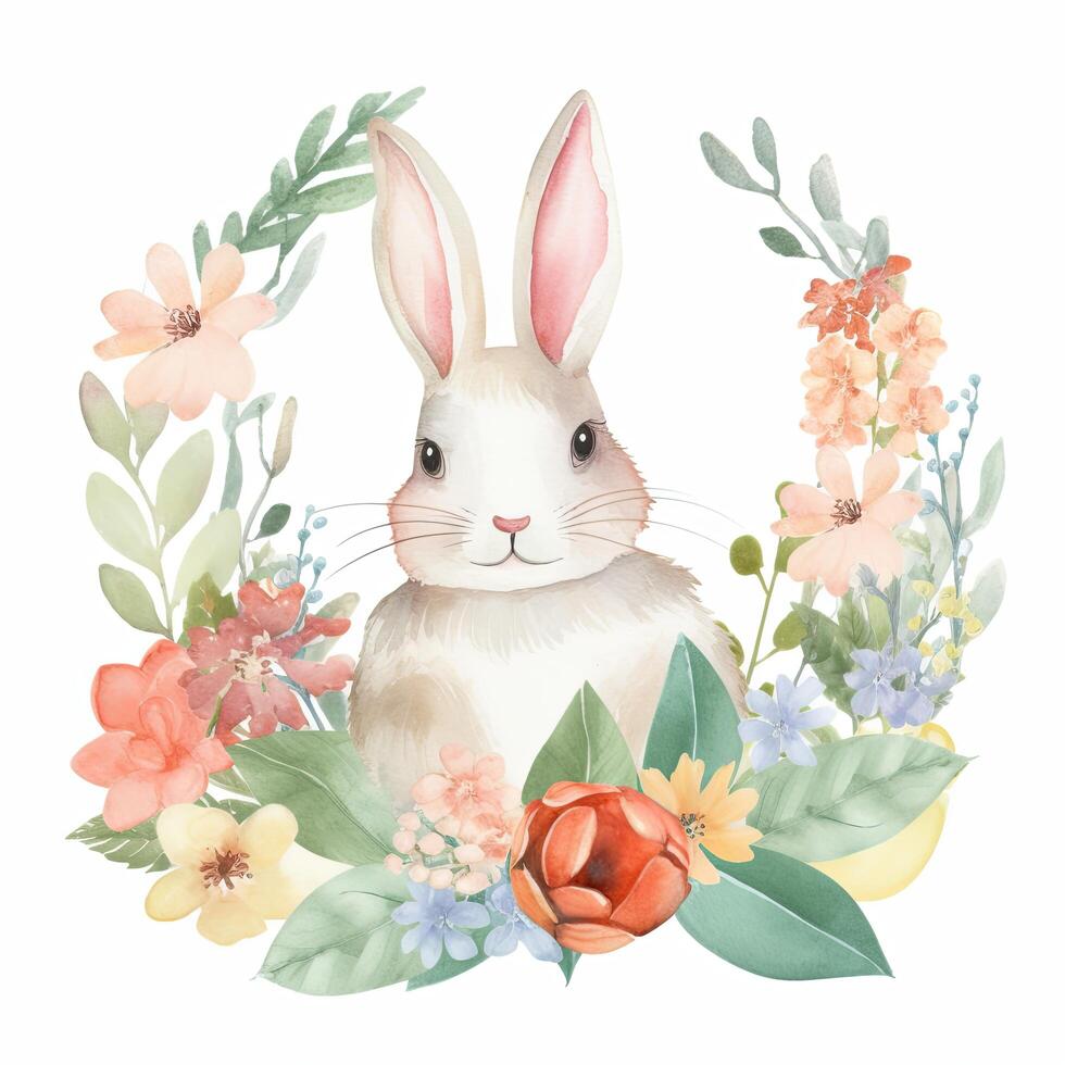 Watercolor cute bunny with a floral wreath isolated on white background. Floral Easter Bunny Clipart, AI Generated photo