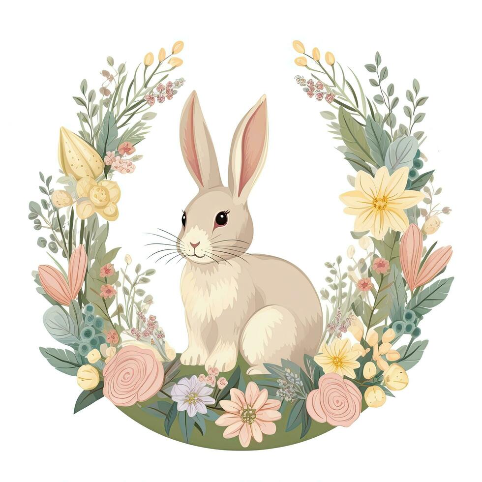 Rabbit and floral wreath. Cute cartoon illustration. Floral Easter Bunny Clipart, AI Generated photo