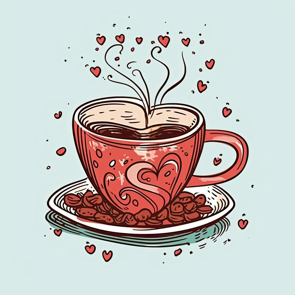 Cup of coffee with coffee beans and hearts. Coffee Valentines Day clipart, AI Generated photo