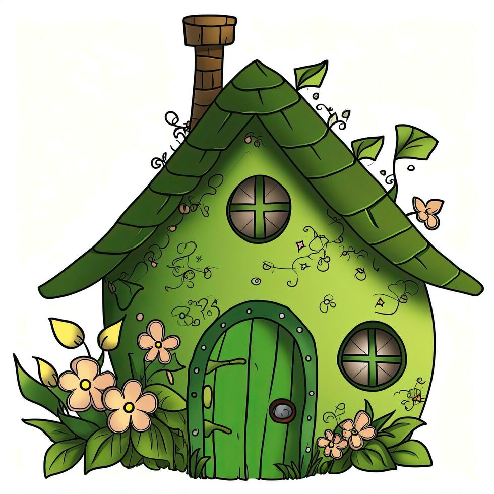 Hand drawn illustration of a cute green house with flowers and leaves, Green Fairy House Clipart, AI Generated photo