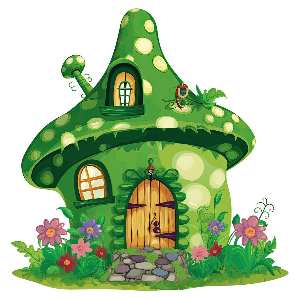 ilustración de un verde casa con un mariquita en un blanco fondo, verde hada casa clipart, ai generado foto