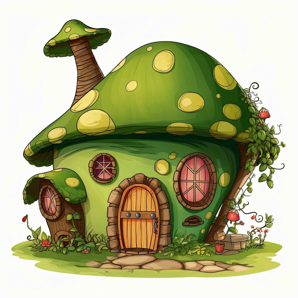 Illustration of a green fantasy house with mushrooms on a white background, Green Fairy House Clipart, AI Generated photo