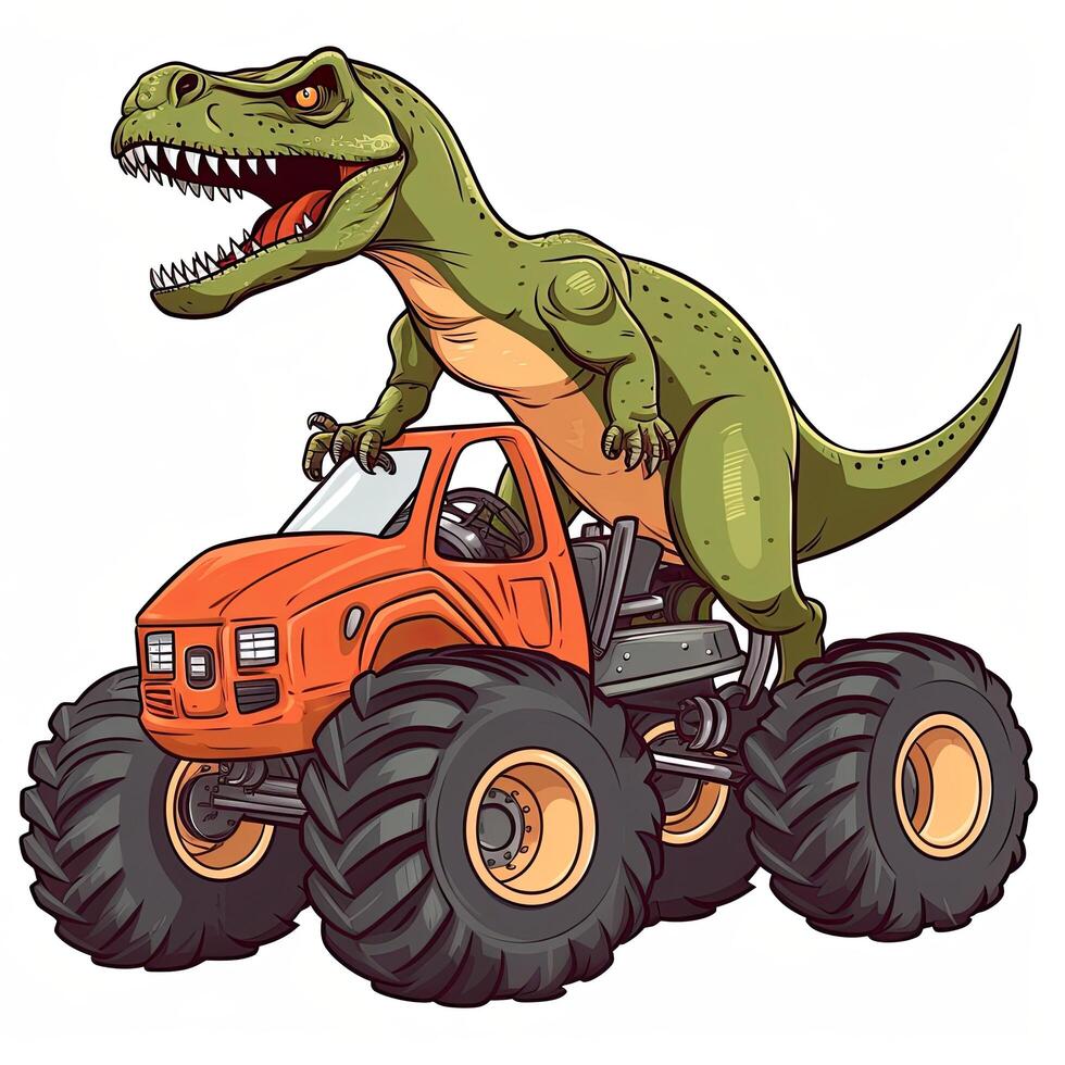 Tyrannosaurus Rex on a monster truck. TRex Riding Monster Truck clipart, photo