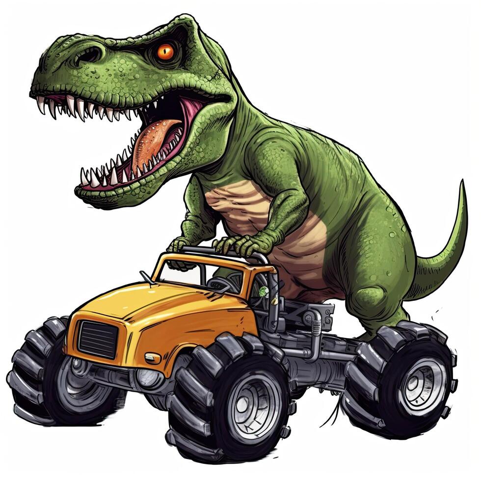 Tyrannosaurus rex dinosaur on a monster truck. TRex Riding Monster Truck clipart, photo