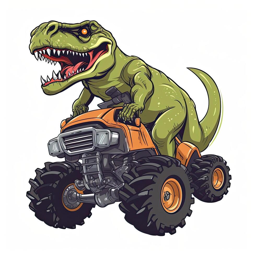 Cartoon dinosaur on a quad bike. illustration of monster. TRex Riding Monster Truck clipart, photo