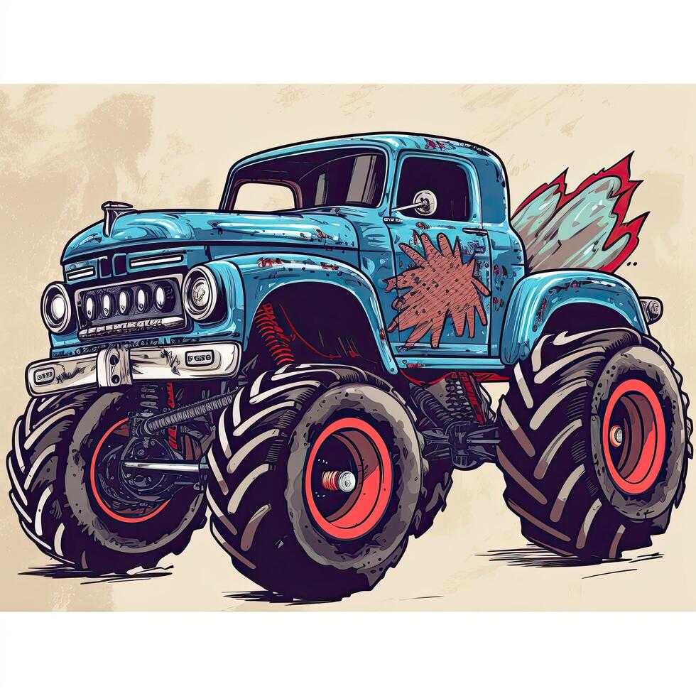 Vintage monster truck. Hand drawn illustration for tshirt print or poster. Vintage Monster Truck Sublimation clipart, AI Generated photo