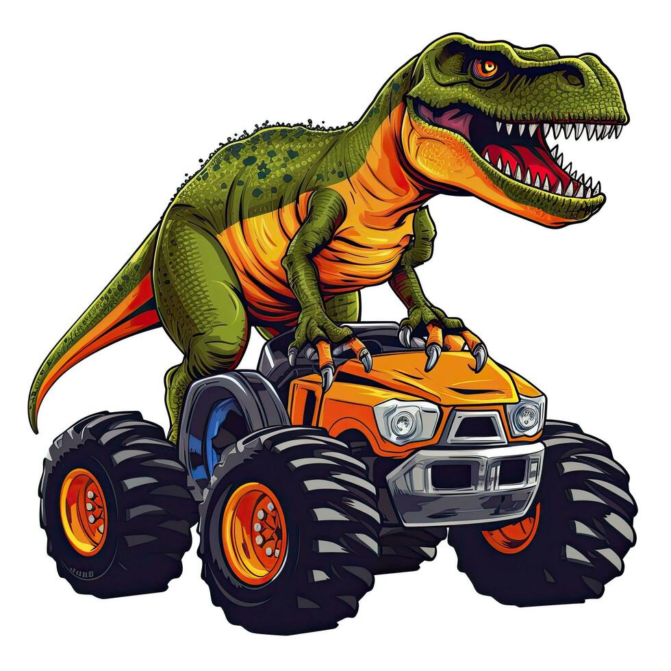 tiranosaurio rex en un monstruo camión. tirano saurio Rex montando monstruo camión clipart, ai generado foto