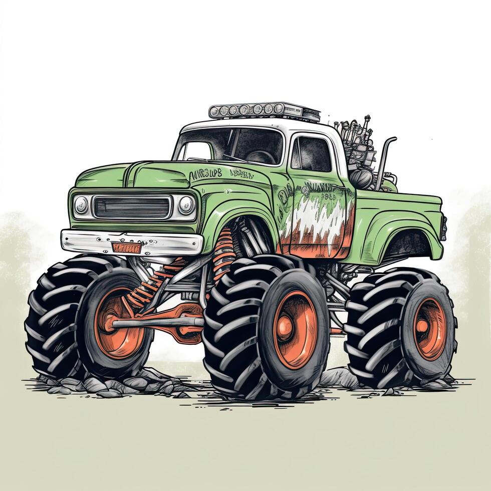 Vintage illustration of a green monster truck. Side view. Vintage Monster Truck Sublimation clipart, photo