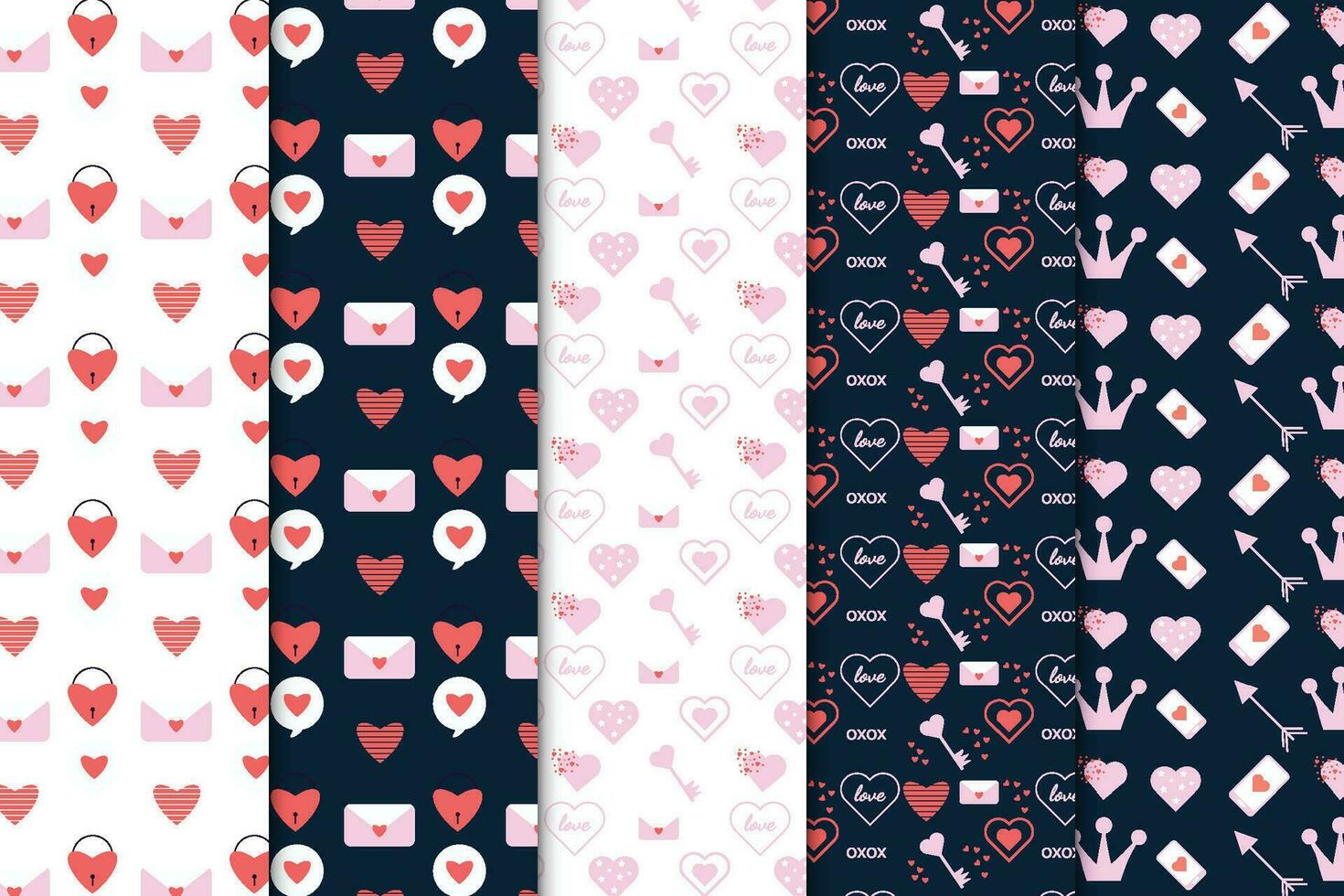 Creative Valentine pattern set decoration on dark and white backgrounds. Seamless love pattern element vector for wrapping papers, wallpapers, and book covers. Heart shape pattern for couples.