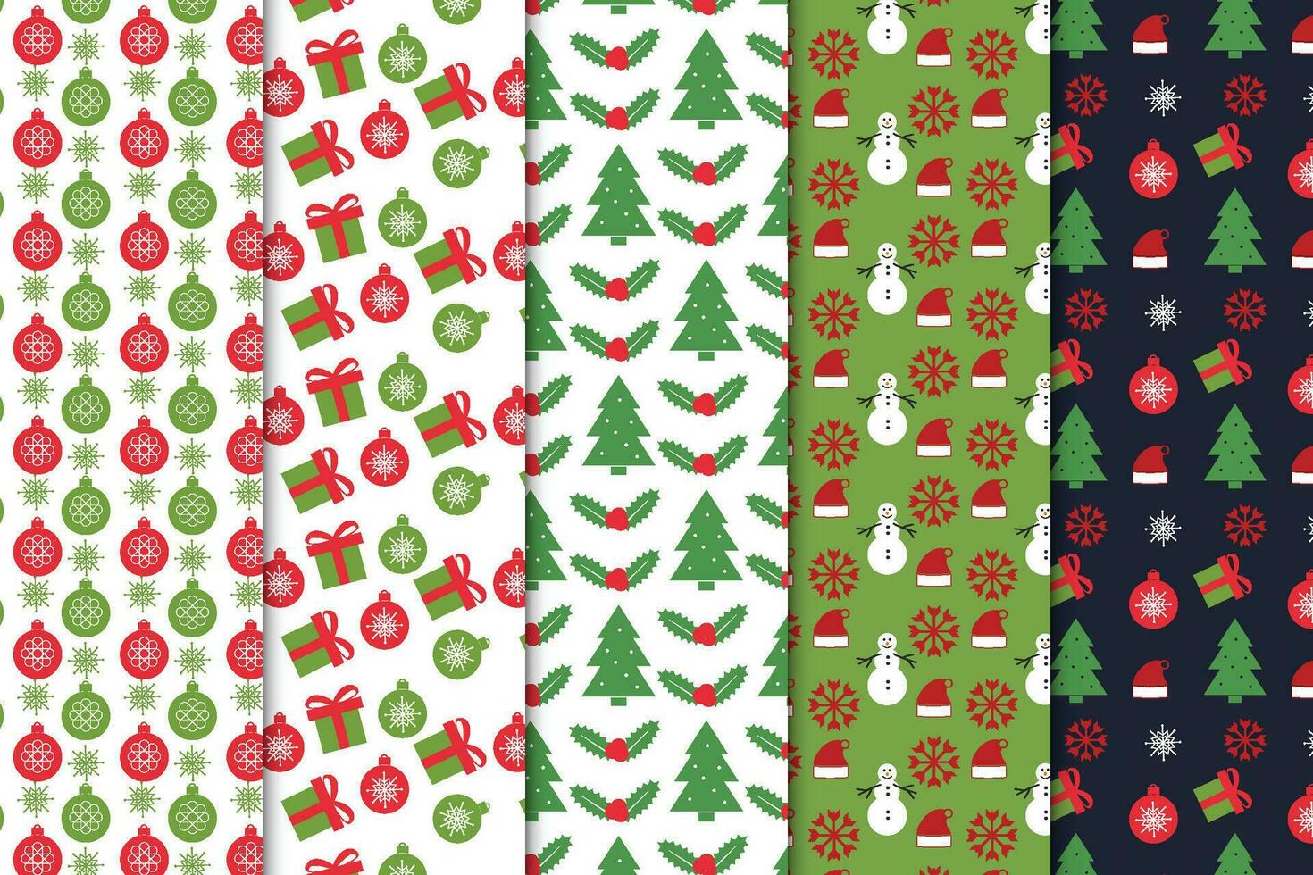 Abstract Christmas pattern bundle with green, white and dark backgrounds. Christmas abstract pattern collection with gifts and leaves. Seamless pattern set design with Christmas elements vector. vector