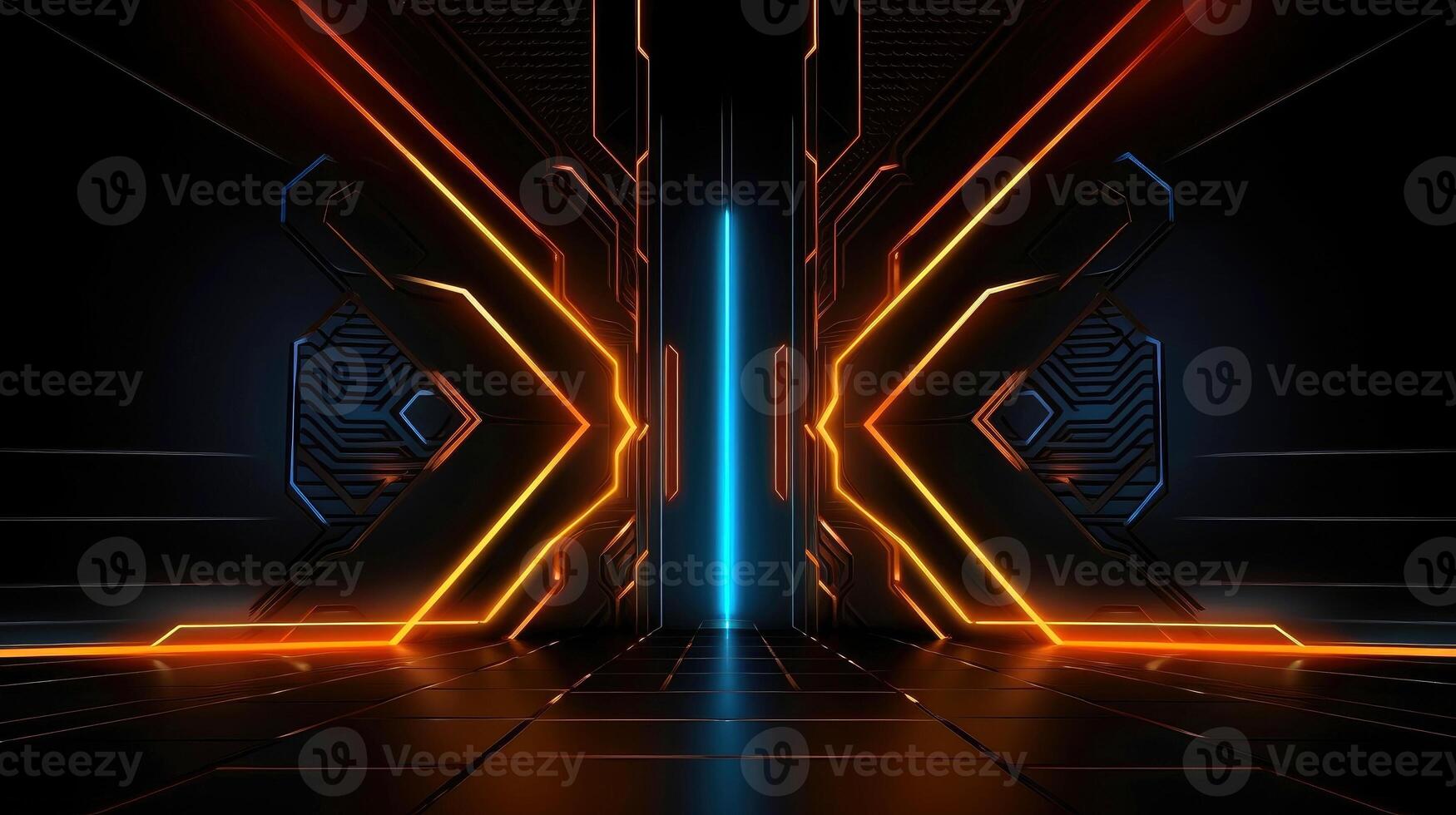 Abstract futuristic background with modern shape. sci fi neon glowing lamps in a dark corridor. Reflections on the floor and walls. Techology futuristic background, illustration photo
