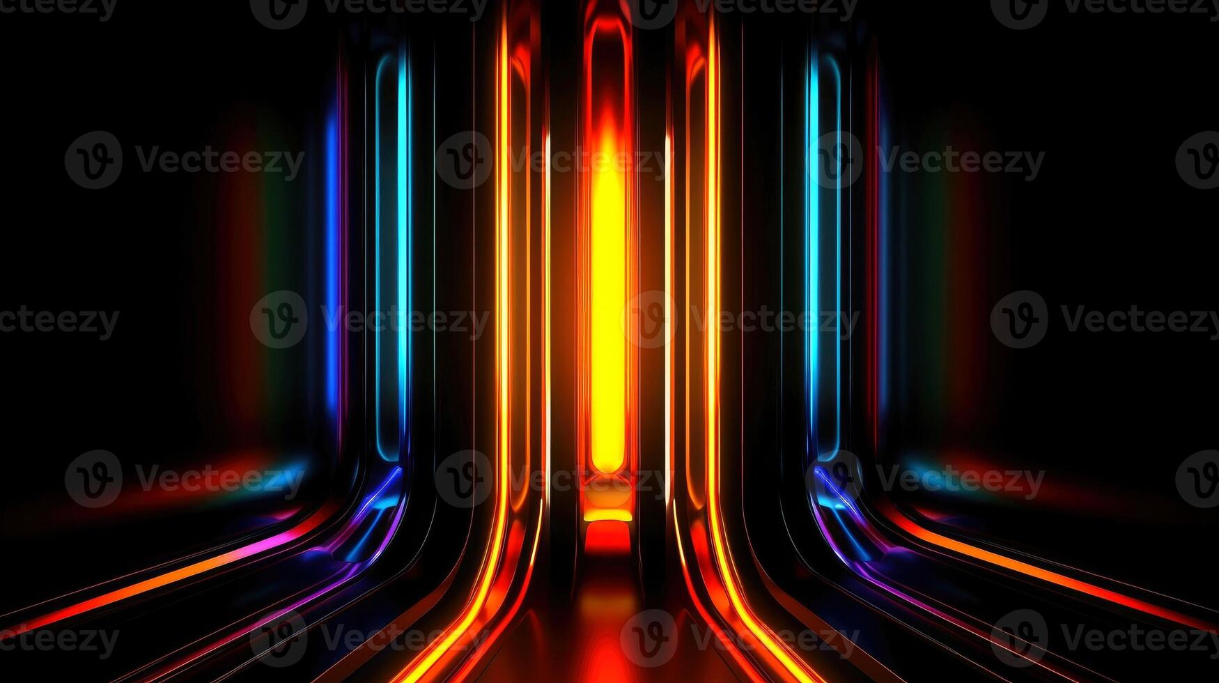 Abstract futuristic background with modern shape. sci fi neon glowing lamps in a dark corridor. Reflections on the floor and walls. Techology futuristic background, illustration photo