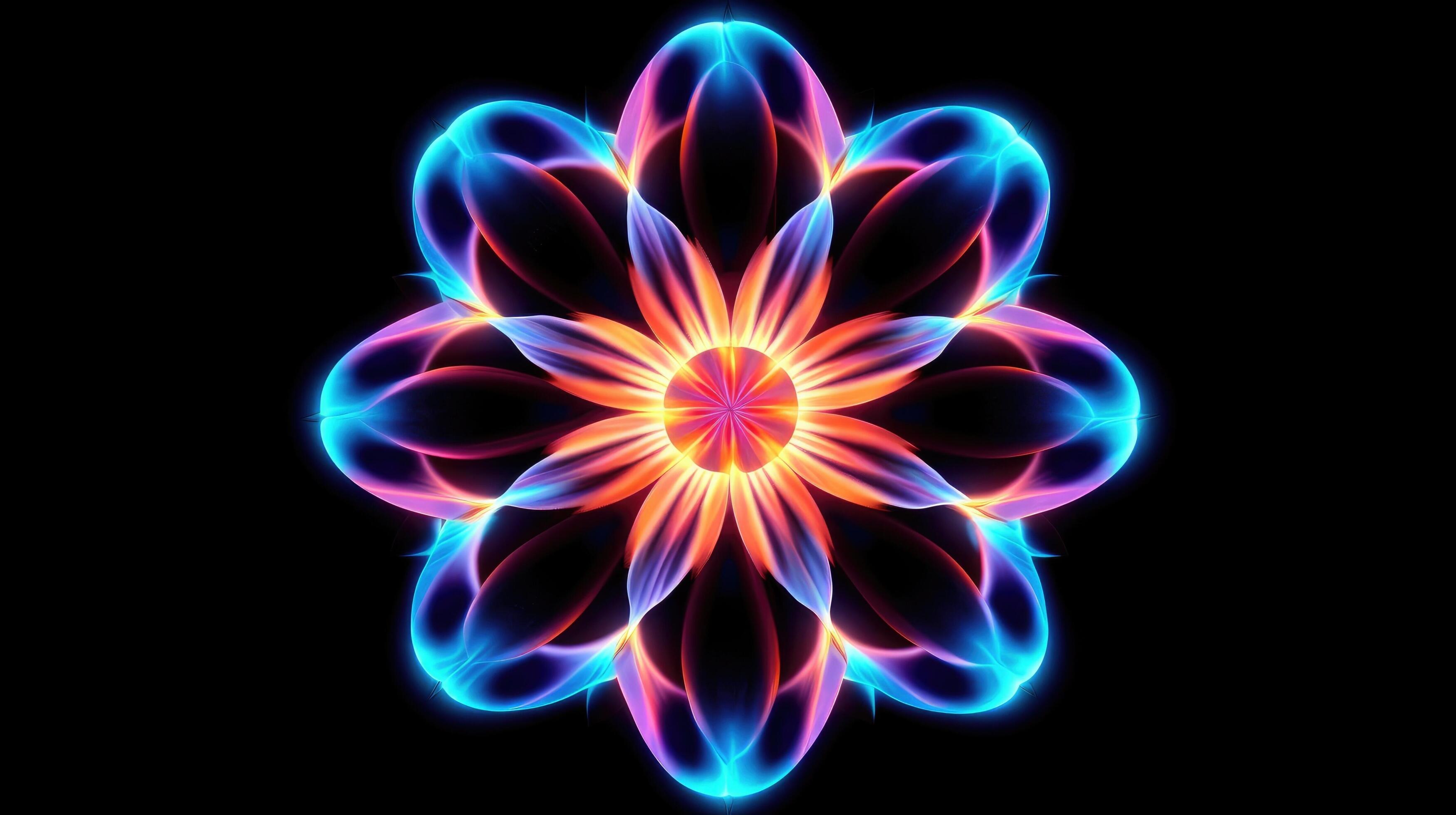 Multicolor neon light drawing, abstract shape flowers isolated on black background. Glowing line