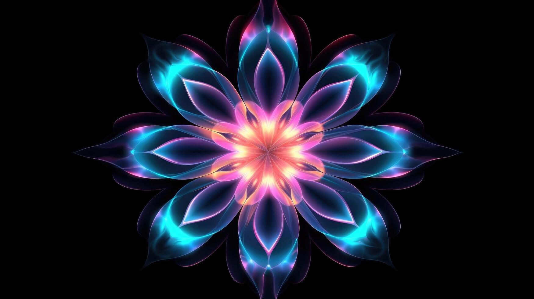 Multicolor neon light drawing, abstract shape flowers isolated on black background. Glowing line art. The Illumination of vibrant radiance of neon flower, Generative AI illustration photo