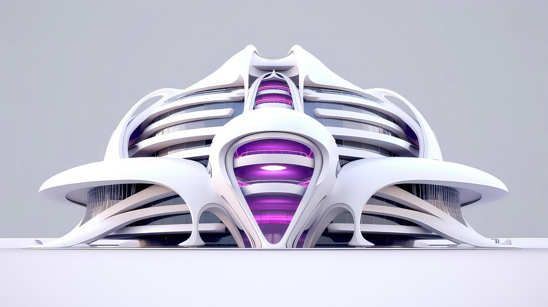 3D futuristic sci-fi white purple city architecture with organic skyscrapers, for science fiction or fantasy backgrounds, Abstract building, illustration photo