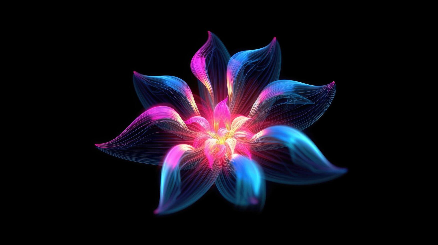 Multicolor neon light drawing, abstract shape flowers isolated on black background. Glowing line art. The Illumination of vibrant radiance of neon flower, illustration photo