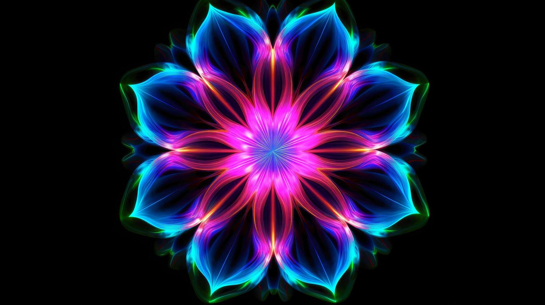 Multicolor neon light drawing, abstract shape flowers isolated on black background. Glowing line art. The Illumination of vibrant radiance of neon flower, Generative AI illustration photo