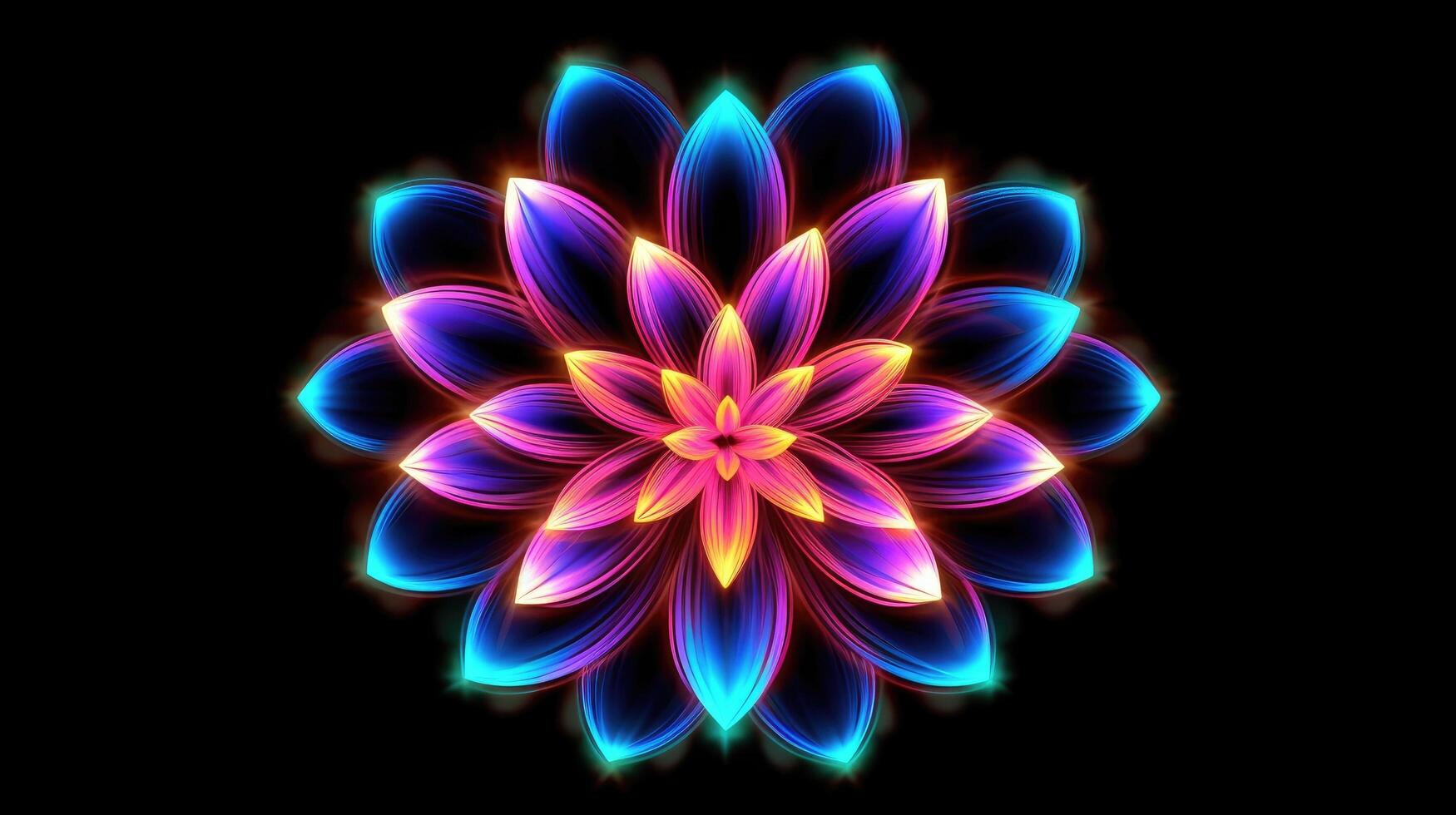 Multicolor neon light drawing, abstract shape flowers isolated on black background. Glowing line art. The Illumination of vibrant radiance of neon flower, illustration photo