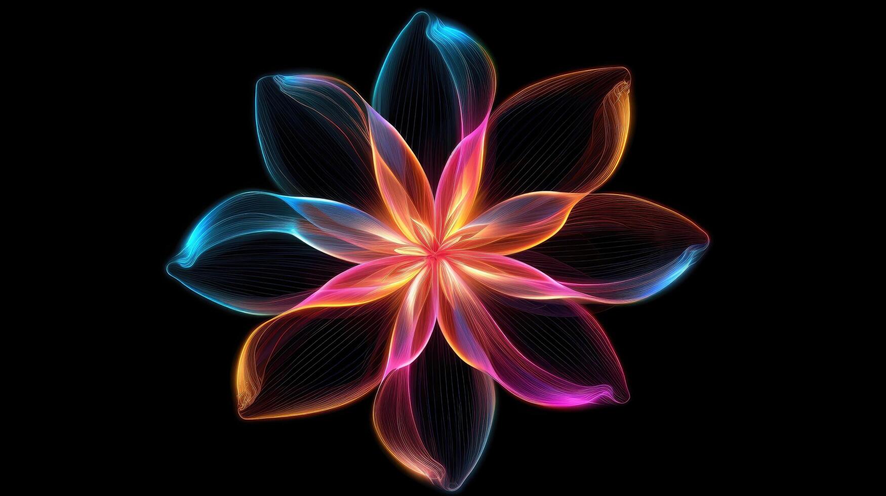 Multicolor neon light drawing, abstract shape flowers isolated on black background. Glowing line art. The Illumination of vibrant radiance of neon flower, illustration photo