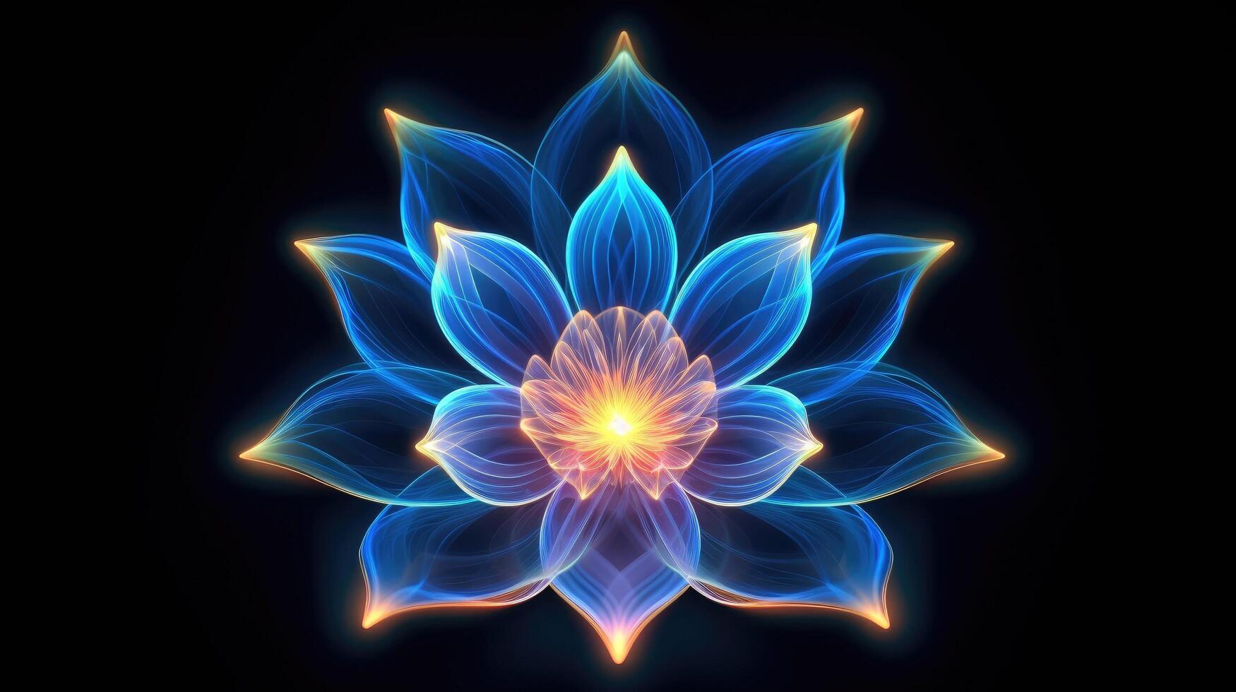 Multicolor neon light drawing, abstract shape flowers isolated on black background. Glowing line art. The Illumination of vibrant radiance of neon flower, illustration photo