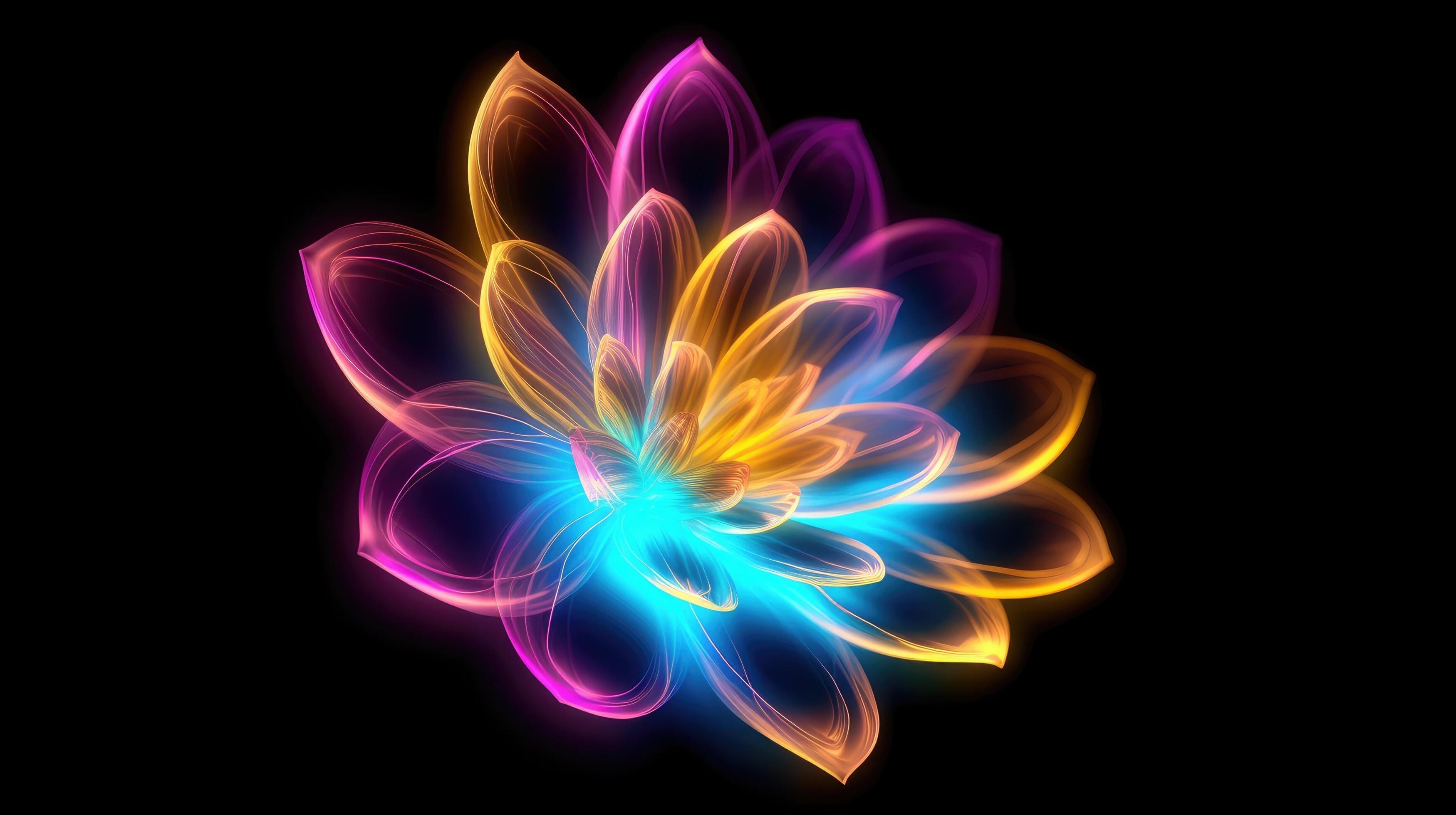 Multicolor neon light drawing, abstract shape flowers isolated on black background. Glowing line