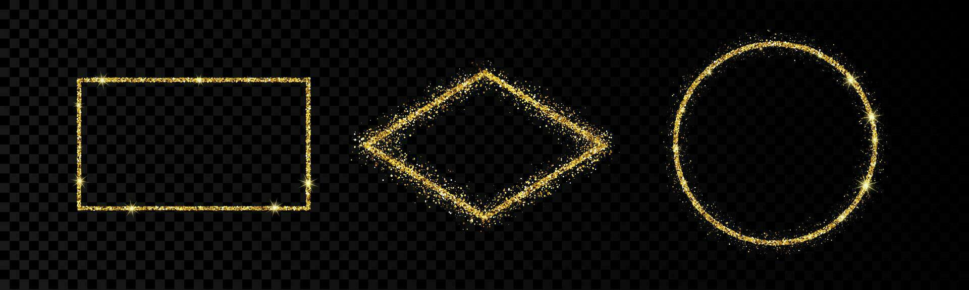 Shiny frames with glowing effects. Set of three glitter gold rectangle, rhombus and round frames vector