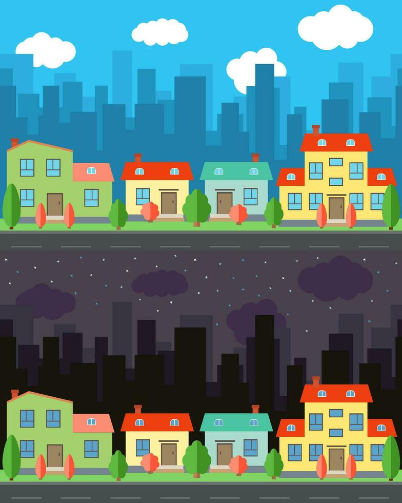 Vector city with four one and two-story cartoon houses in the day and night. Summer urban landscape. Street view with cityscape on a background