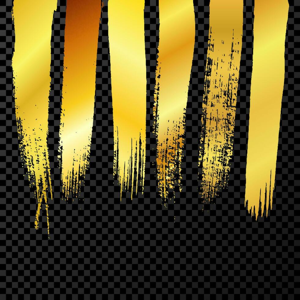 Gold grunge brush strokes. Set of six painted ink stripes. Ink spot isolated on dark vector