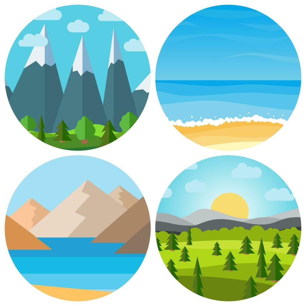 Set of four different vector cartoon landscape in circle. Natural landscape in the flat style.