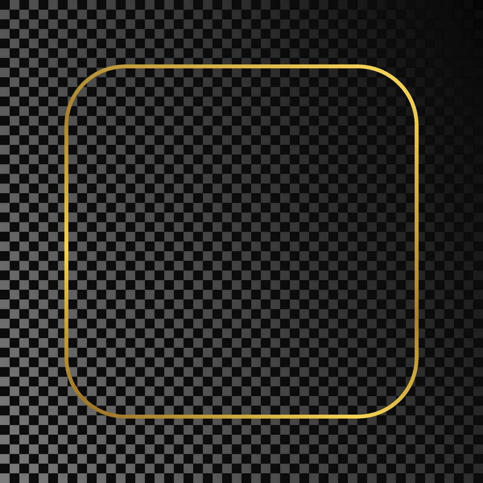 Gold glowing rounded square frame isolated on dark background. Shiny frame with glowing effects. Vector illustration.