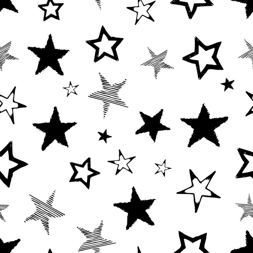 Seamless background of doodle stars. Black hand drawn stars on white background. Vector illustration