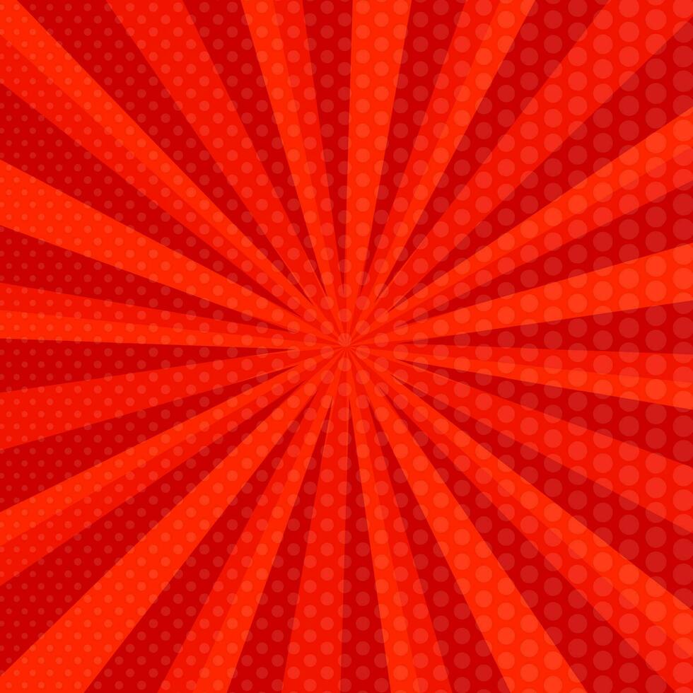 Red comic book page background in pop art style with empty space. Template with rays, dots and halftone effect texture. Vector illustration