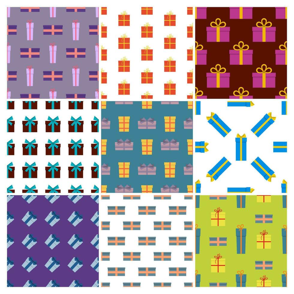 Set of nine seamless patterns with gift boxes. Vector illustration.