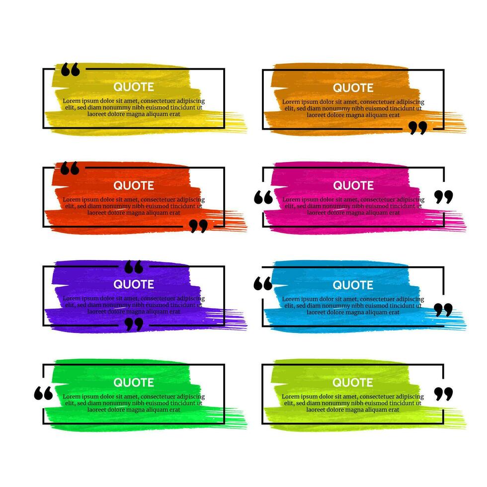 Set of eight black rectangular quote box frames on colorful smears isolated on white background. Vector illustration