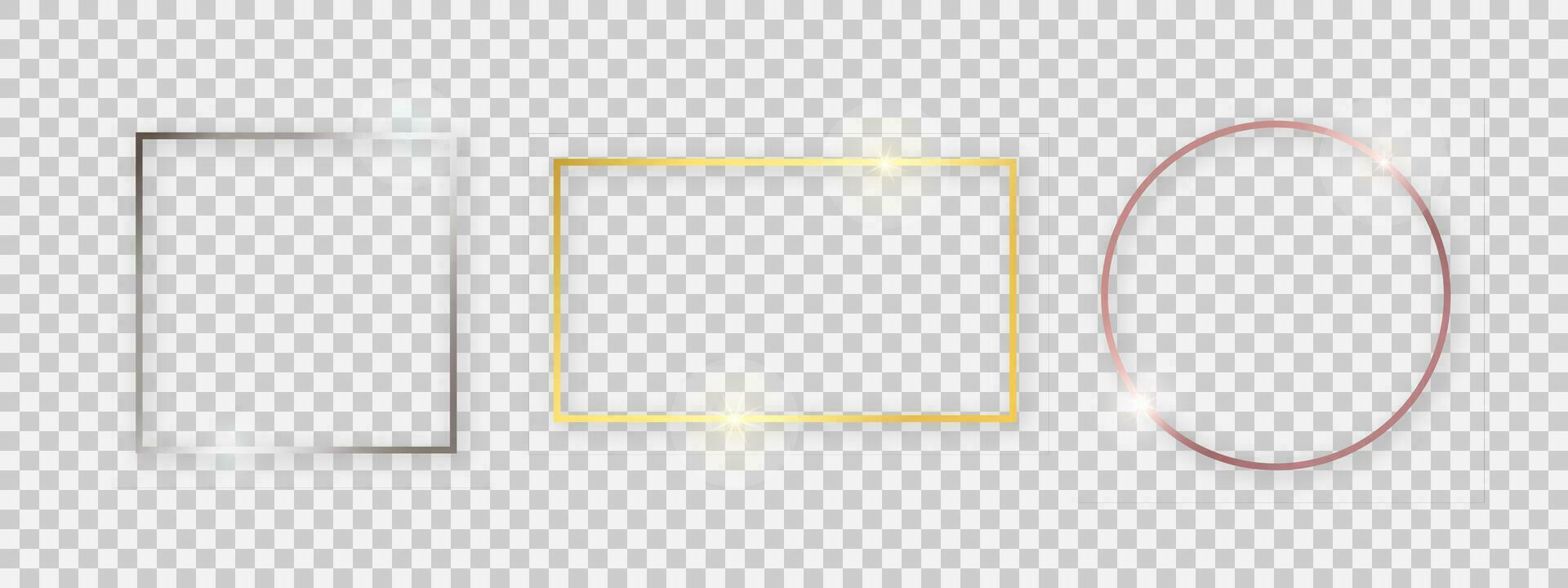 Shiny frames with glowing effects. Set of three gold, silver and rose