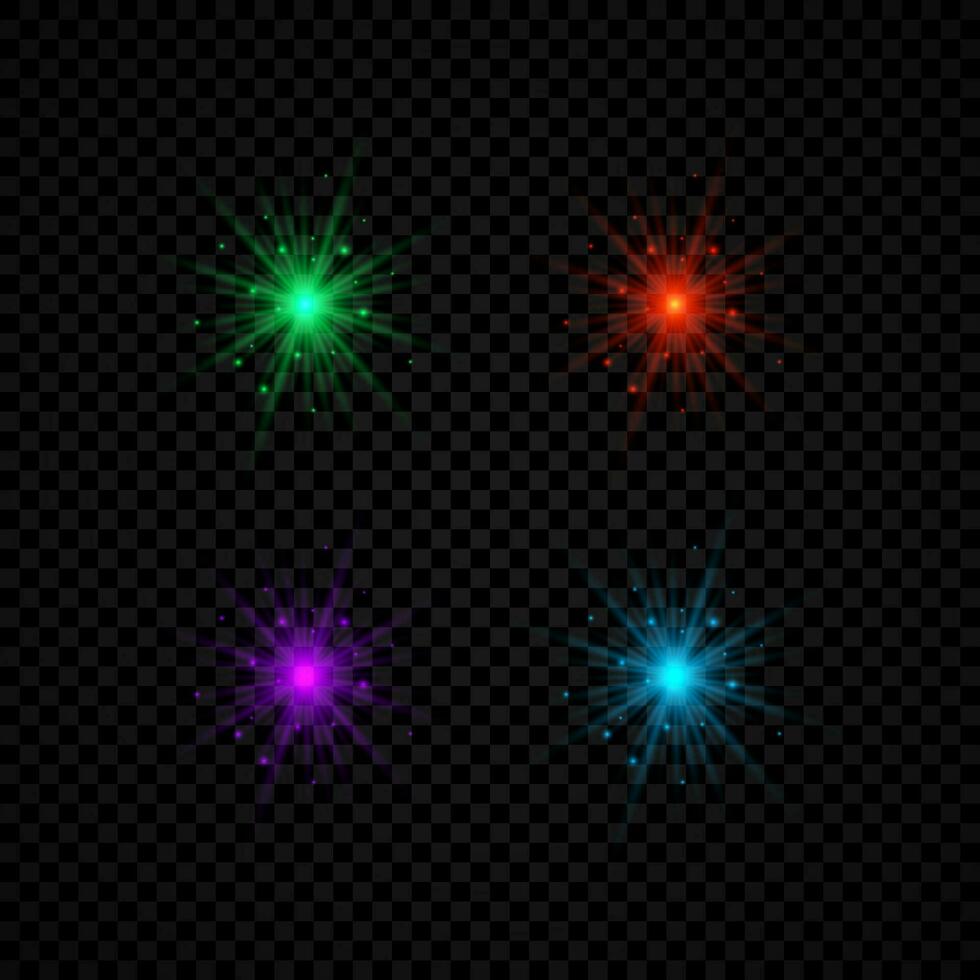 Light effect of lens flares. Set of four green, red, purple and blue glowing lights starburst effects with sparkles vector