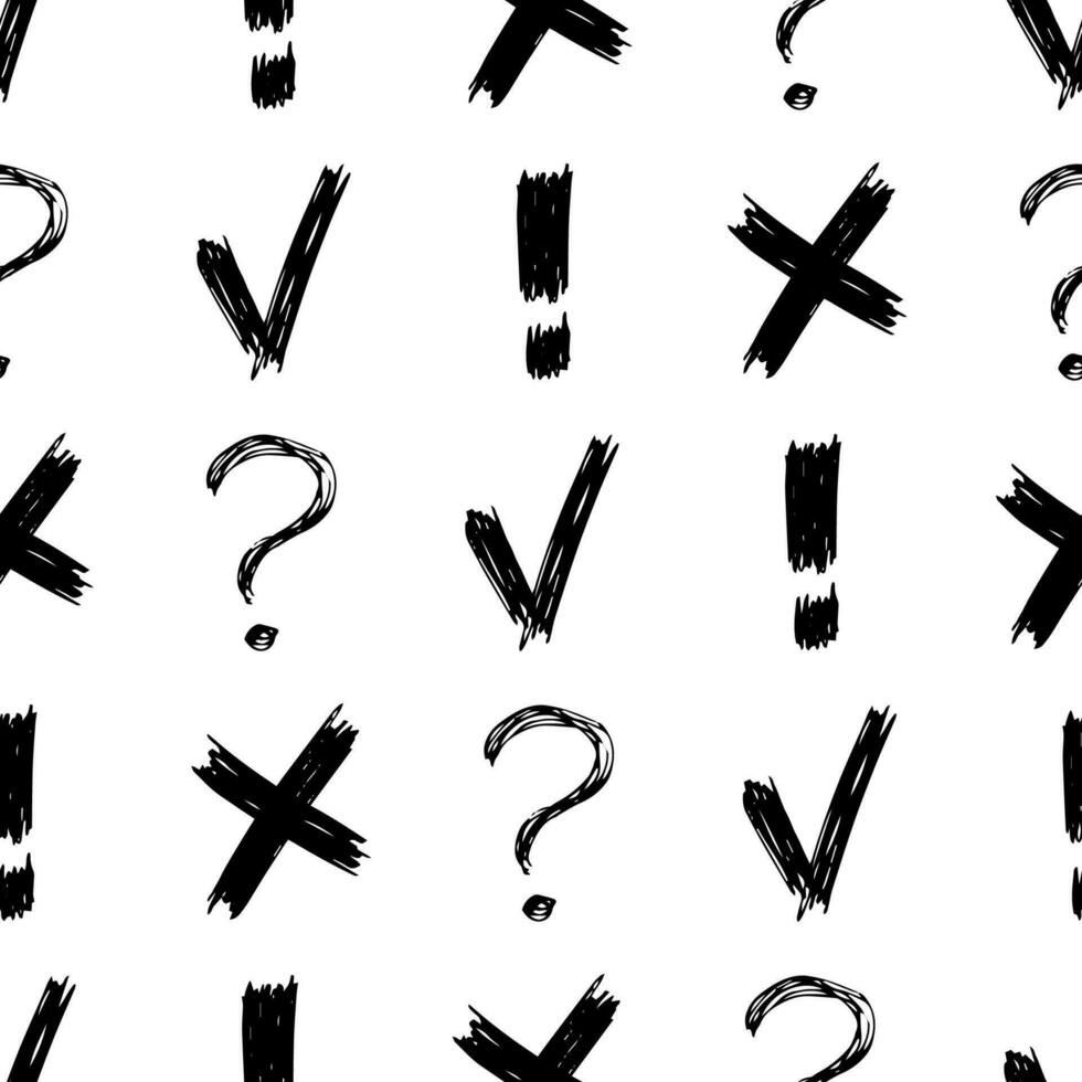 Seamless pattern with hand drawn check, cross, exclamation and question mark symbols. Black sketch check symbol on white background. Vector illustration