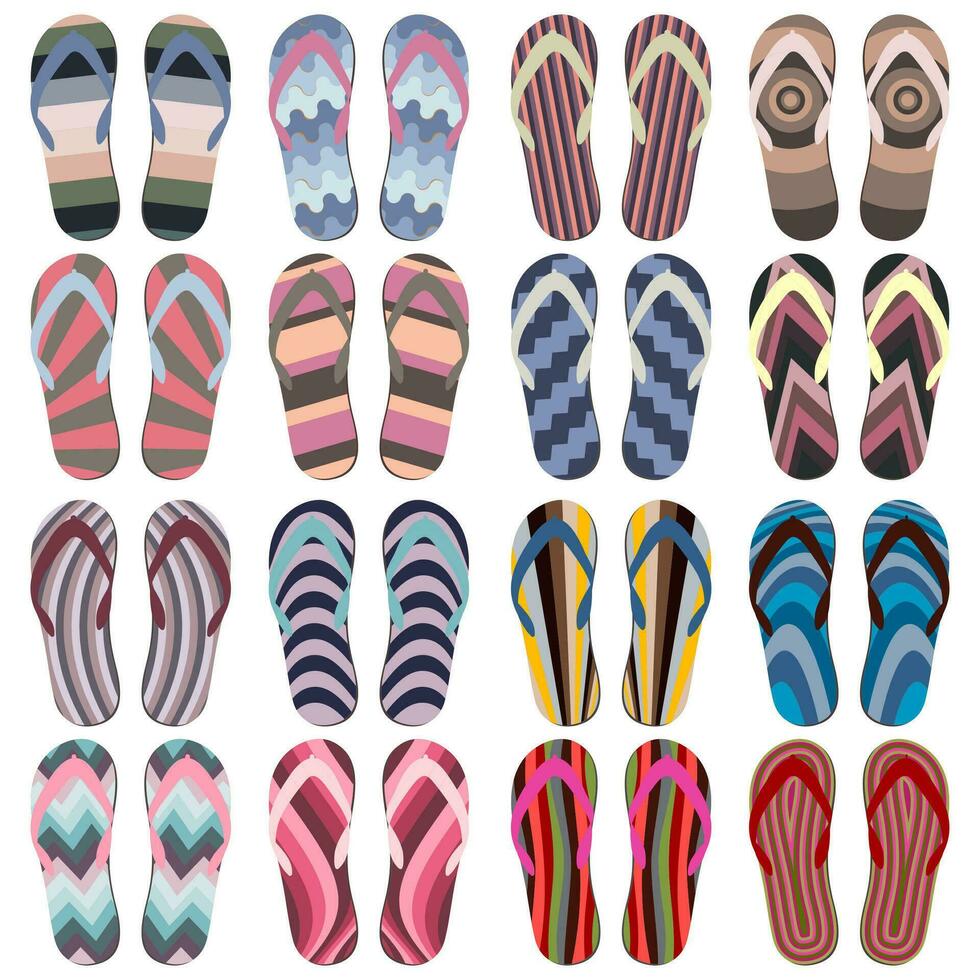 Set of Beach Slippers. Colorful Summer Flip Flops Isolated on White Background vector