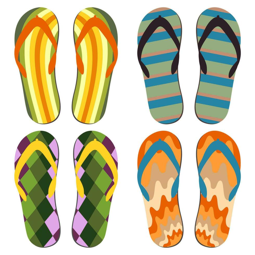 conjunto de zapatillas de playa. Chanclas de verano colorido sobre fondo blanco. vector