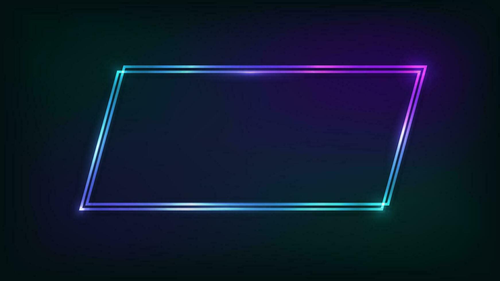 Neon double quadrangle frame with shining effects on dark background. Empty glowing techno backdrop. Vector illustration.