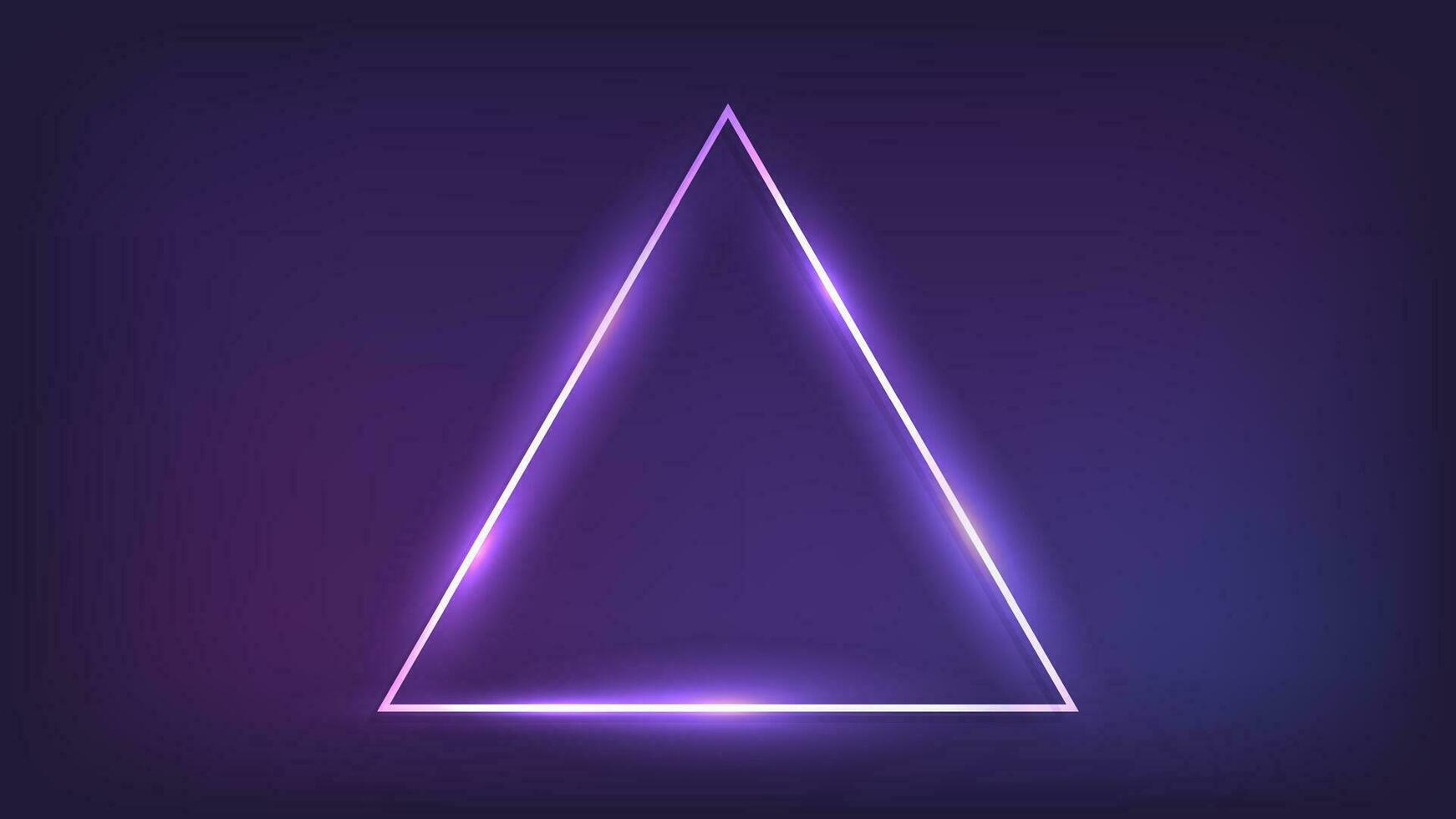 Neon triangle frame with shining effects on dark background. Empty glowing techno backdrop. Vector illustration.