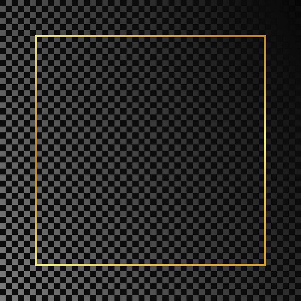 Gold glowing square frame isolated on dark background. Shiny frame with glowing effects. Vector illustration.