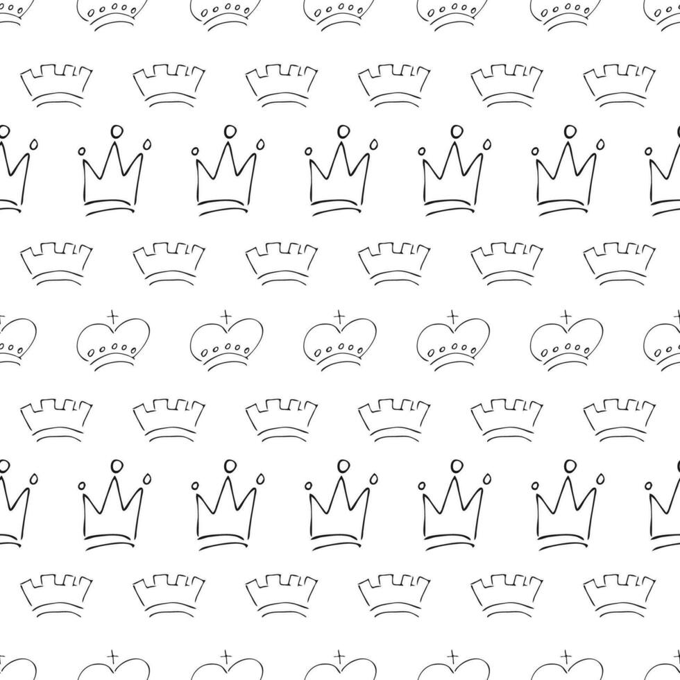 Hand drawn crowns. Seamless pattern of simple graffiti sketch queen or king crowns. Royal imperial coronation and monarch symbols. Vector illustration.