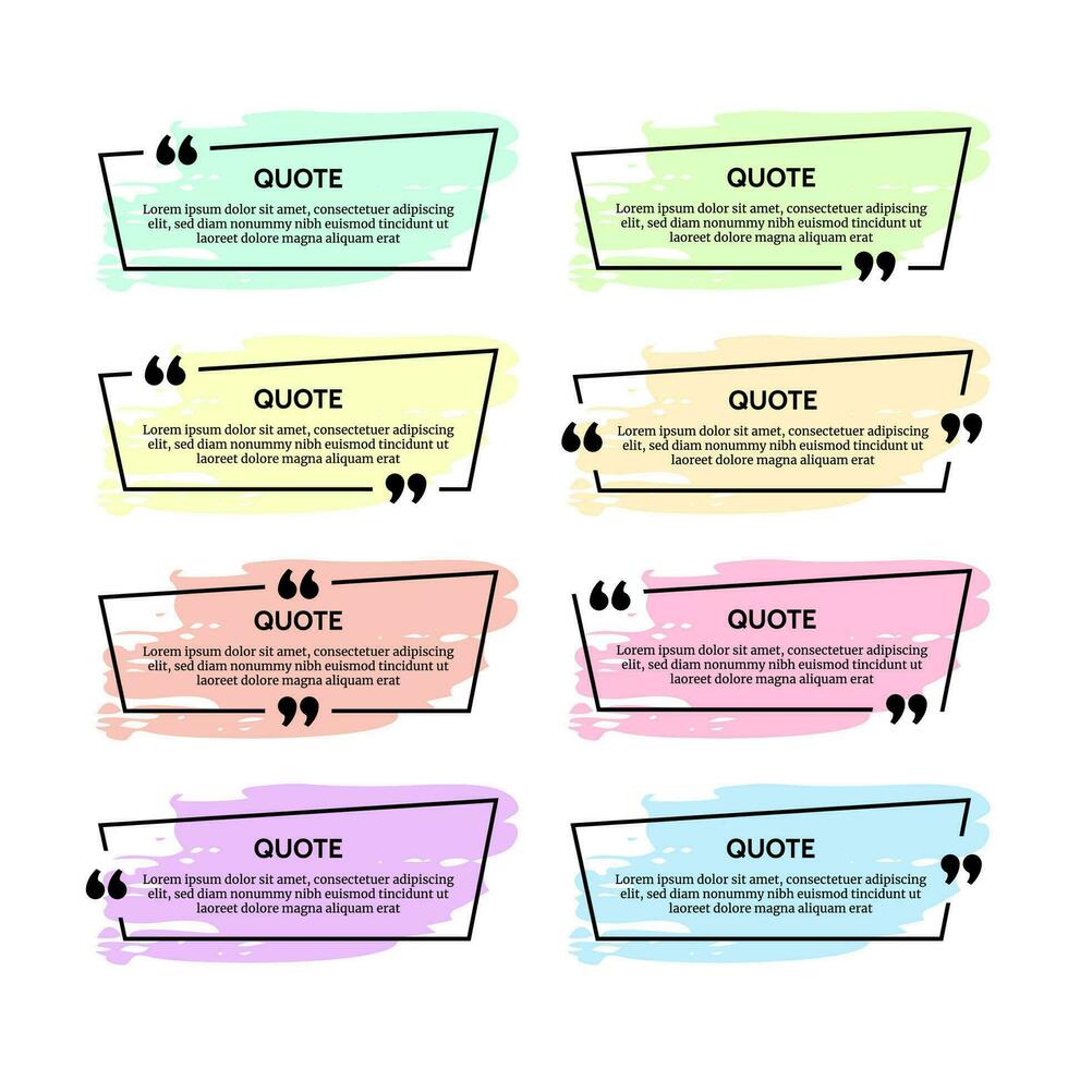Set of eight black quote box frames with colour smears isolated on white background. Vector illustration
